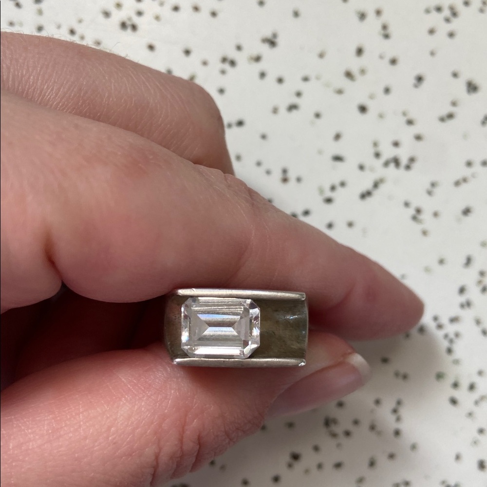 Modernist Taxco 925 Silver Geometric Ring With Diamond like Stone 7.25